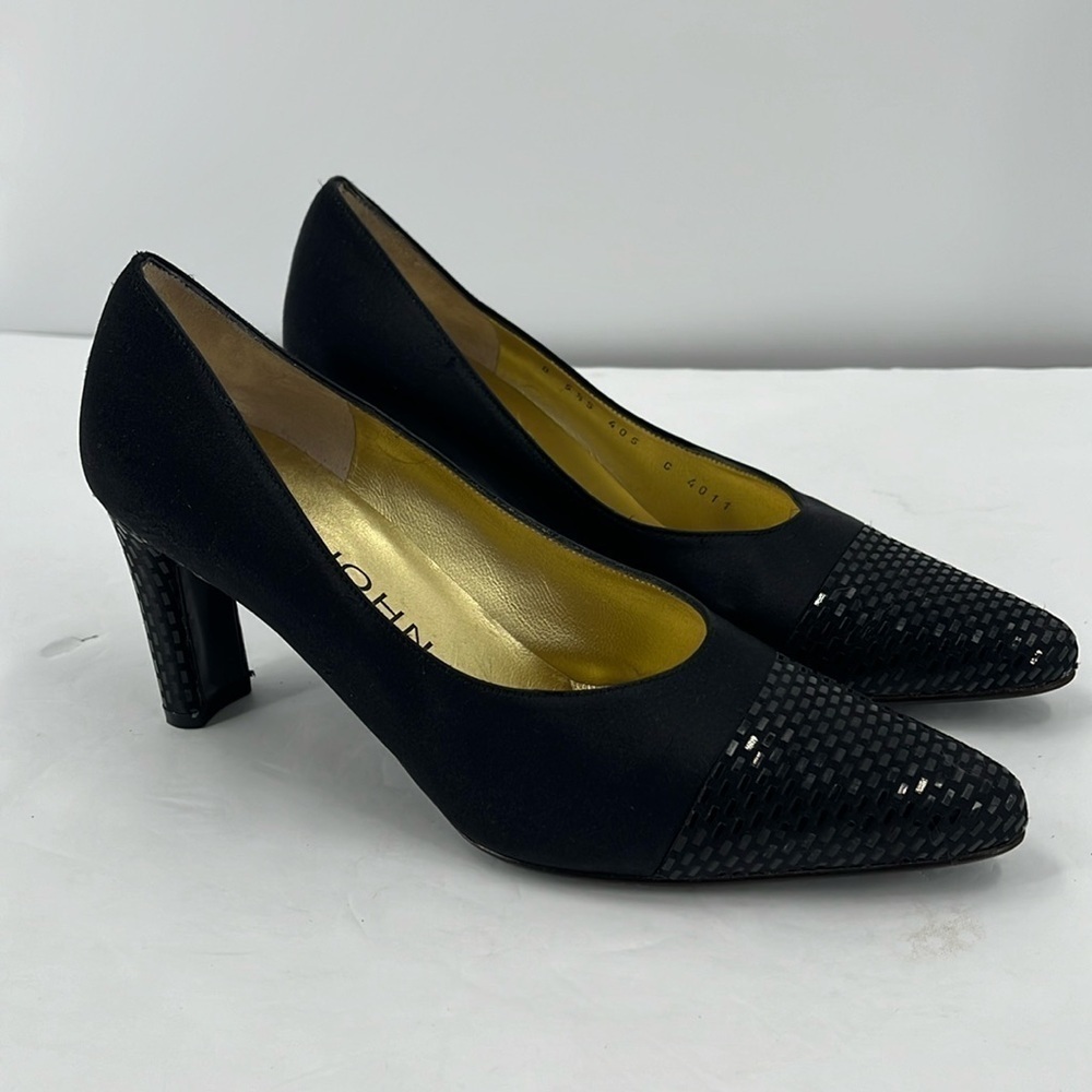 St. John Black Satin Paillettes Heels Classic Pumps Dressy Classy 5.5